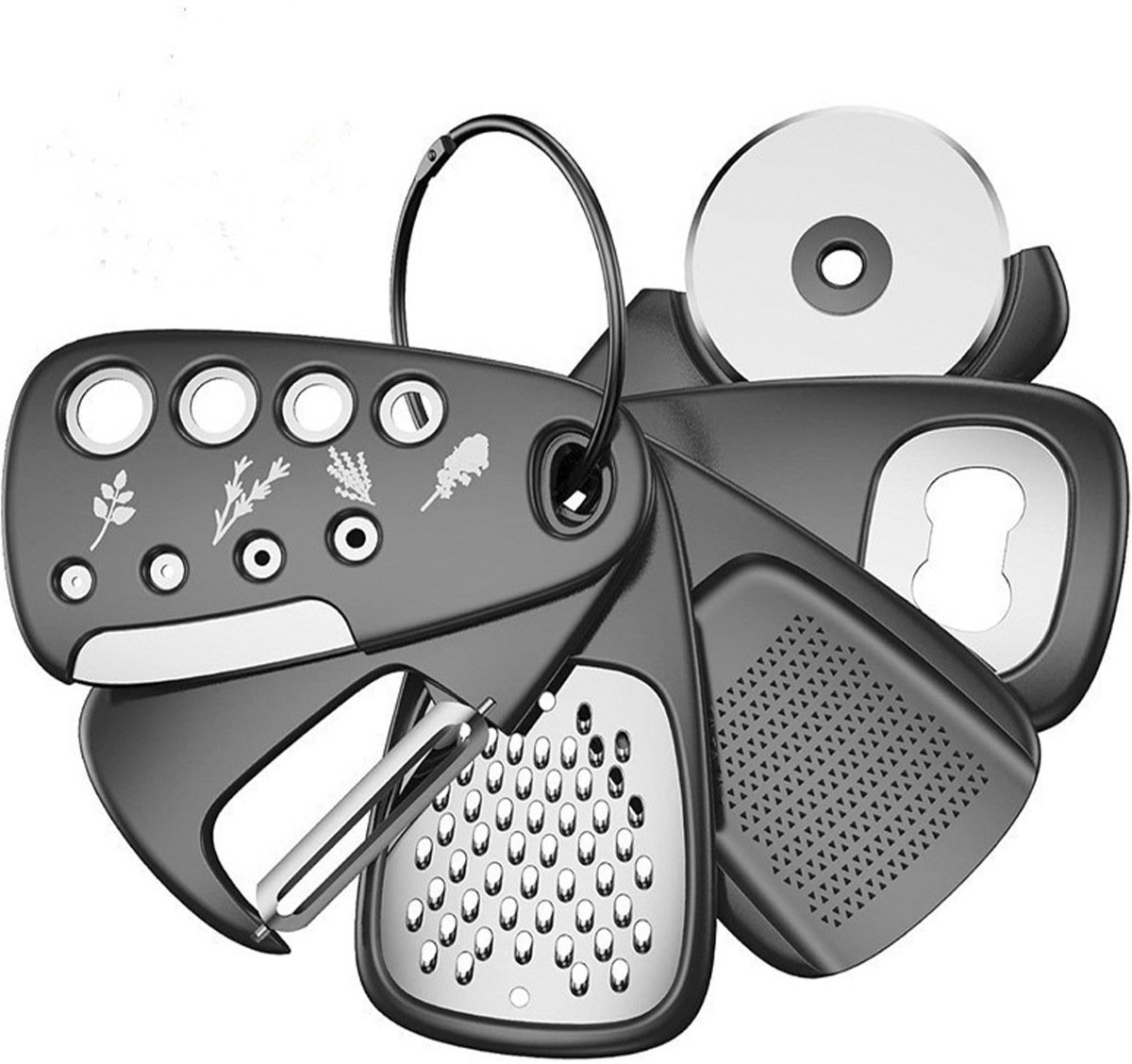 Daity 6-delige keukengadgetset - Ruimtebesparende kookhulpmiddelen en keukenaccessoires - Fruit-/groenteschiller - kaas-/chocoladerasp - flesopener - pizzames - knoflook-/gembermolen cadeauset (zwart)