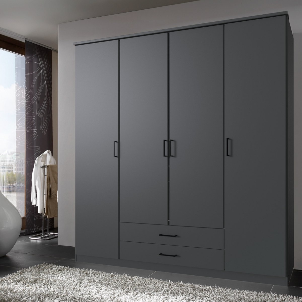 Kledingkast Stolpen - Ruime Draaideurkast - Grafiet - 180x199x58 cm (BxHxD) - 4 legplanken, 2 roedes & 2 lades