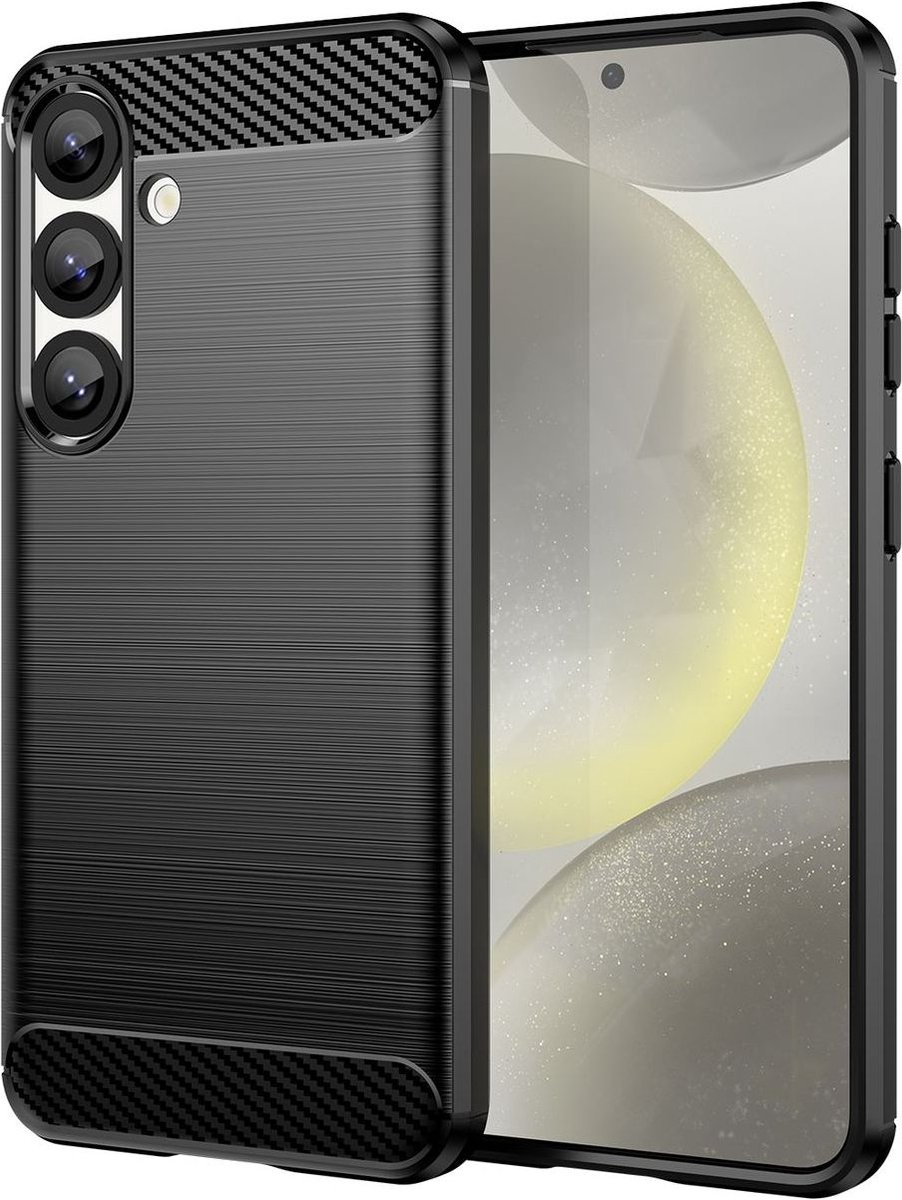 YPCd Hoesje Geschikt voor Samsung Galaxy S25 – Shockproof TPU Backcover met Carbon Look – Verhoogde Randen – Camera & Scherm Bescherming – Zwart