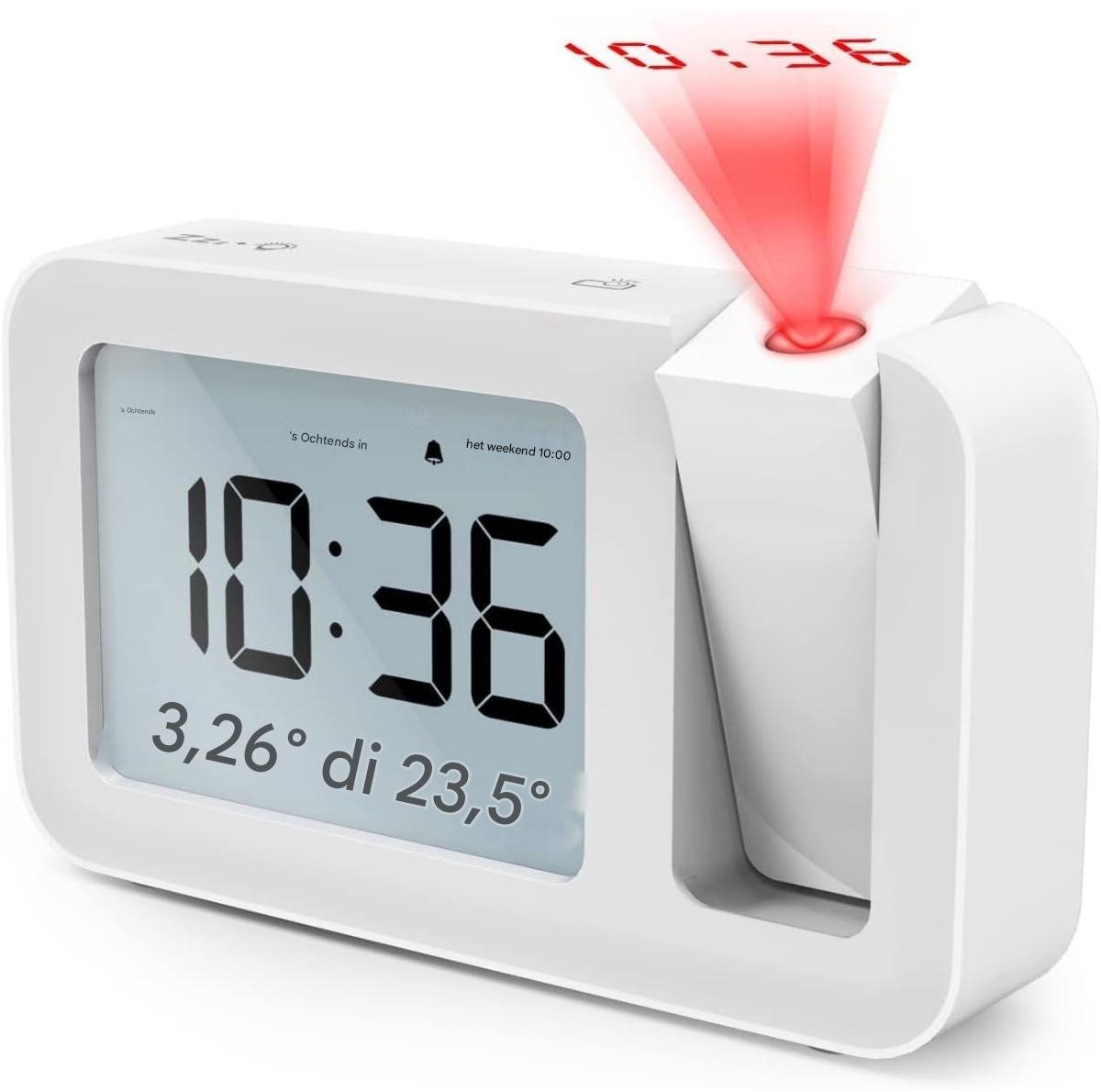 GELLDG Wekker - Projectorwekker - Reiswekker - Digitale wekker - Bureauwekker - 3,8-inch LCD-scherm - Meerdere schermweergavemodi - Helderheid in 4 standen - Snooze-functie van 9 minuten - Geschikt voor slaapkamers, kantoren en keukens - Wit