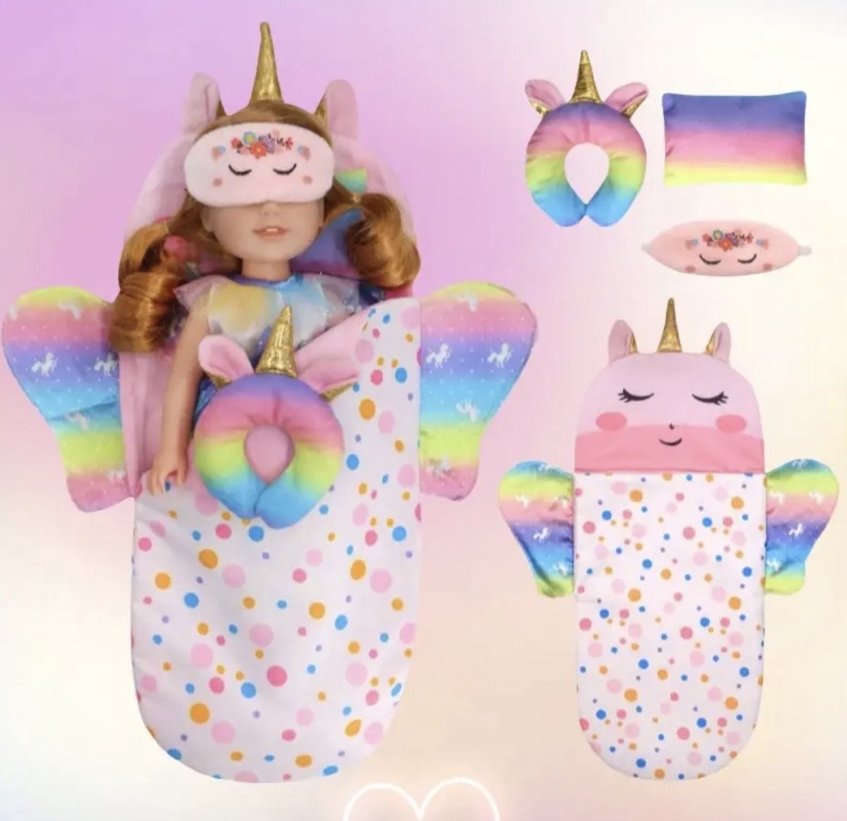 Poppenkleding - poppen draagzak - set Unicorn - 4 delige poppenset - poppendraagzak - baby born - baby Annabel -poppenslaapzak - cadeau set - cadeau tip - kinderspeelset pop
