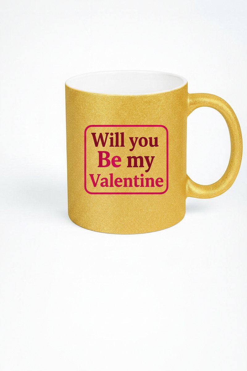 Gouden Glitter Valentijn Mok 'Will you Be my Valentine' - Romantisch Cadeau Liefde