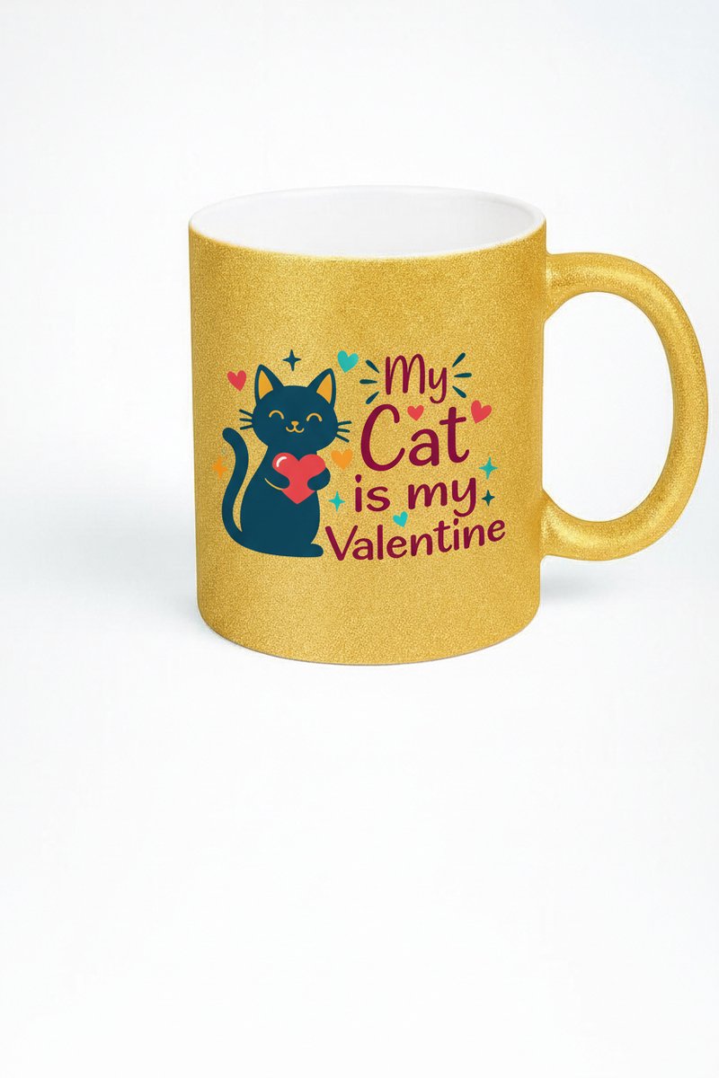 Gouden Glitter Mok "My Cat is My Valentine" - Uniek Valentijn Cadeau voor Kattenliefhebbers