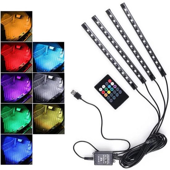 Sfeerverlichting auto-Autoledstrips - 4 stuks - in totaal 48 LED-lampjes - Sfeerverlichting in meerdere kleuren - Met muzieksynchronisatiefunctie en afstandsbediening - Kan onder het dashboard worden gemonteerd