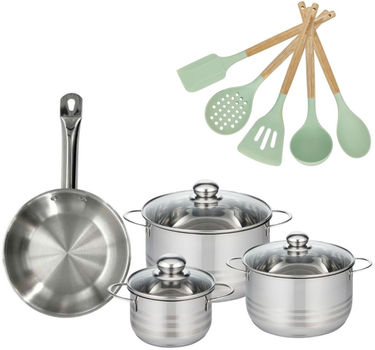 Set Koekenpan 24cm en 3 Kookpannen 16/20/24cm Fackelmann Etherna met 5 keukengerei