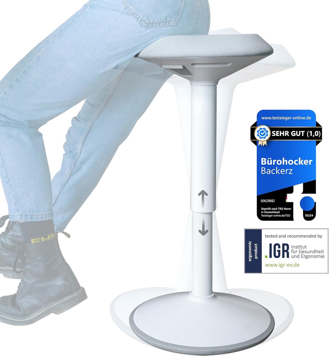 Backerz Wiebelkruk - Ergonomische Wiebel Stoel hoogte 55-80cm - Balanskruk - Zit Sta kruk - Zadelkruk Wit