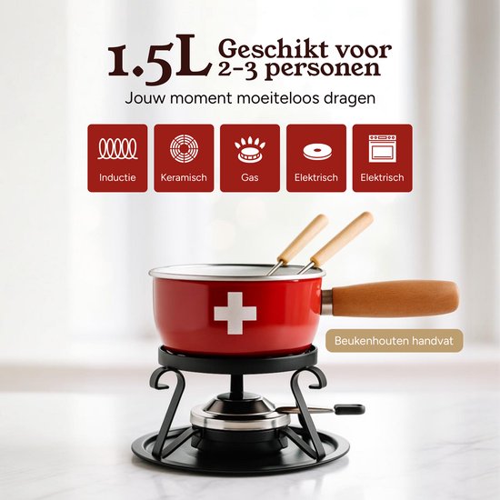 Nouvel Fondueset – Kaasfondue Set Geëmailleerd Staal - Fonduepan 1.5L - Incl. Fondue vorken - Inductie Geschikt – Compleet met Rechaud & Brander – Premium Zwitsers Design — afbeelding 4