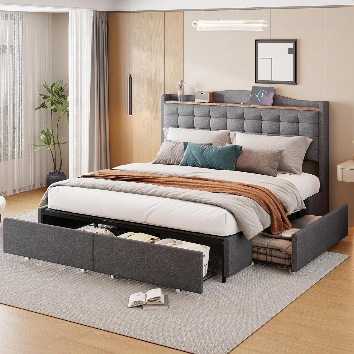Tweepersoonsbed 160x200 cm met Opbergruimte, 4 Lades en Ingebouwde USB-aansluiting - Zwartgrijs
