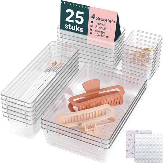 Uandu Lade organizer – 25-delige organizer bakjes set – Ladeverdeler voor Bureau, Keuken, Make-up of Badkamer - Anti slip - Transparant