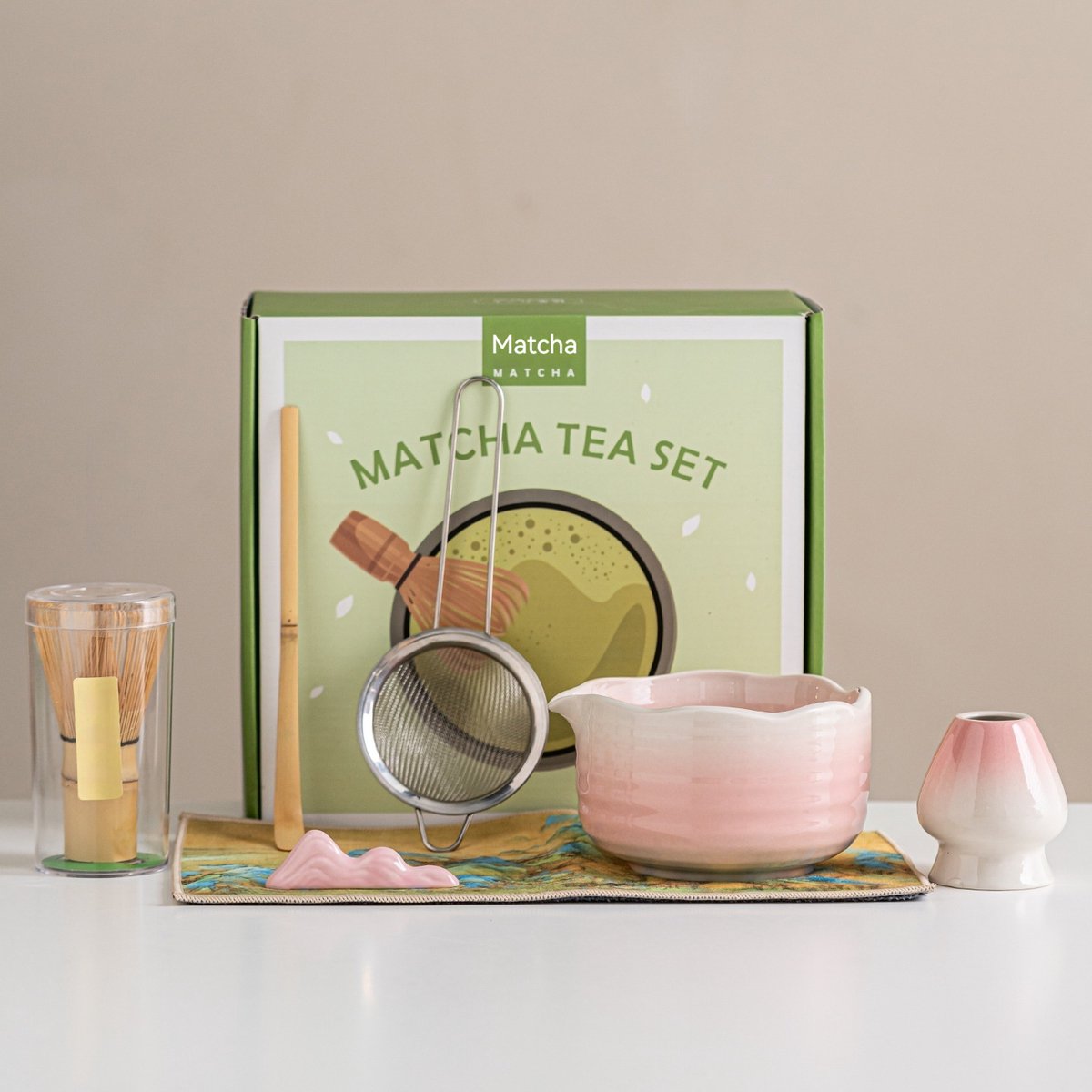 7-delige Matcha Set – Bamboe Matcha Bezem, Matcha Kom Met Gietmond, Bezemhouder, Zeef, Theelepelhouder, Theelepel En Theedoek – Japanse Matcha Kit Voor Theeliefhebbers, Kleurovergang Roze