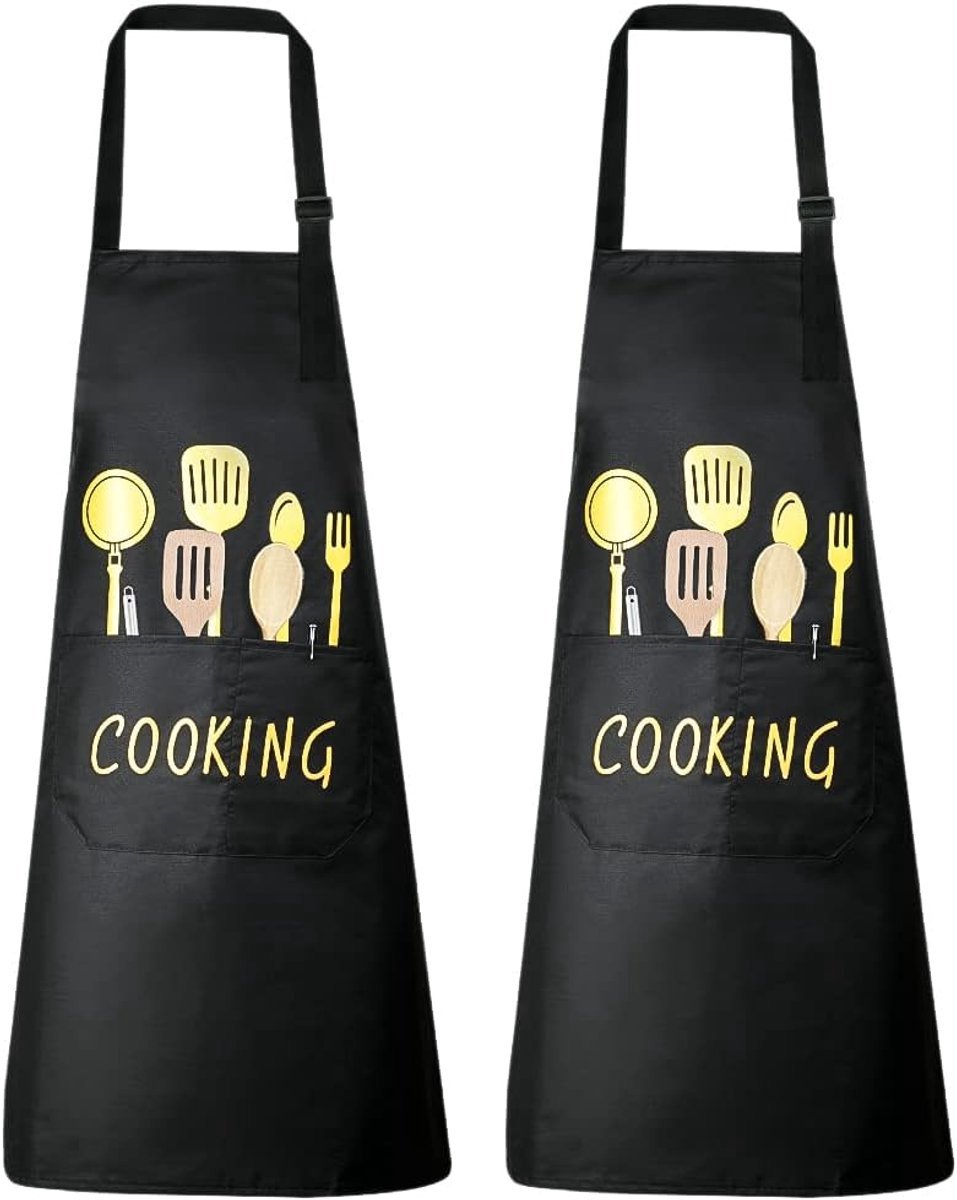 Stunq® Keukenschort, 2-delig verstelbaar schort met 2 zakken, waterdicht, machinewasbaar, kleurvast schort voor mannen, vrouwen, keuken, restaurant, café, zwart