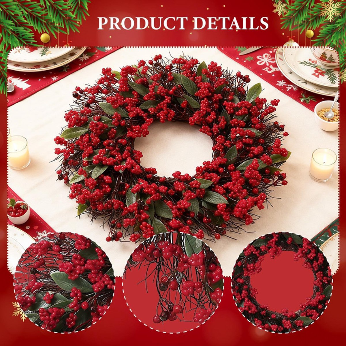 Ronde Krans - Kerstkrans - Rode bessenkrans - Rood - Versierd met rode bessen, handgemaakte dennentakken en cipressenbladeren - 45 cm - Kunstmatige kerstkrans - Wandkrans – foto 4