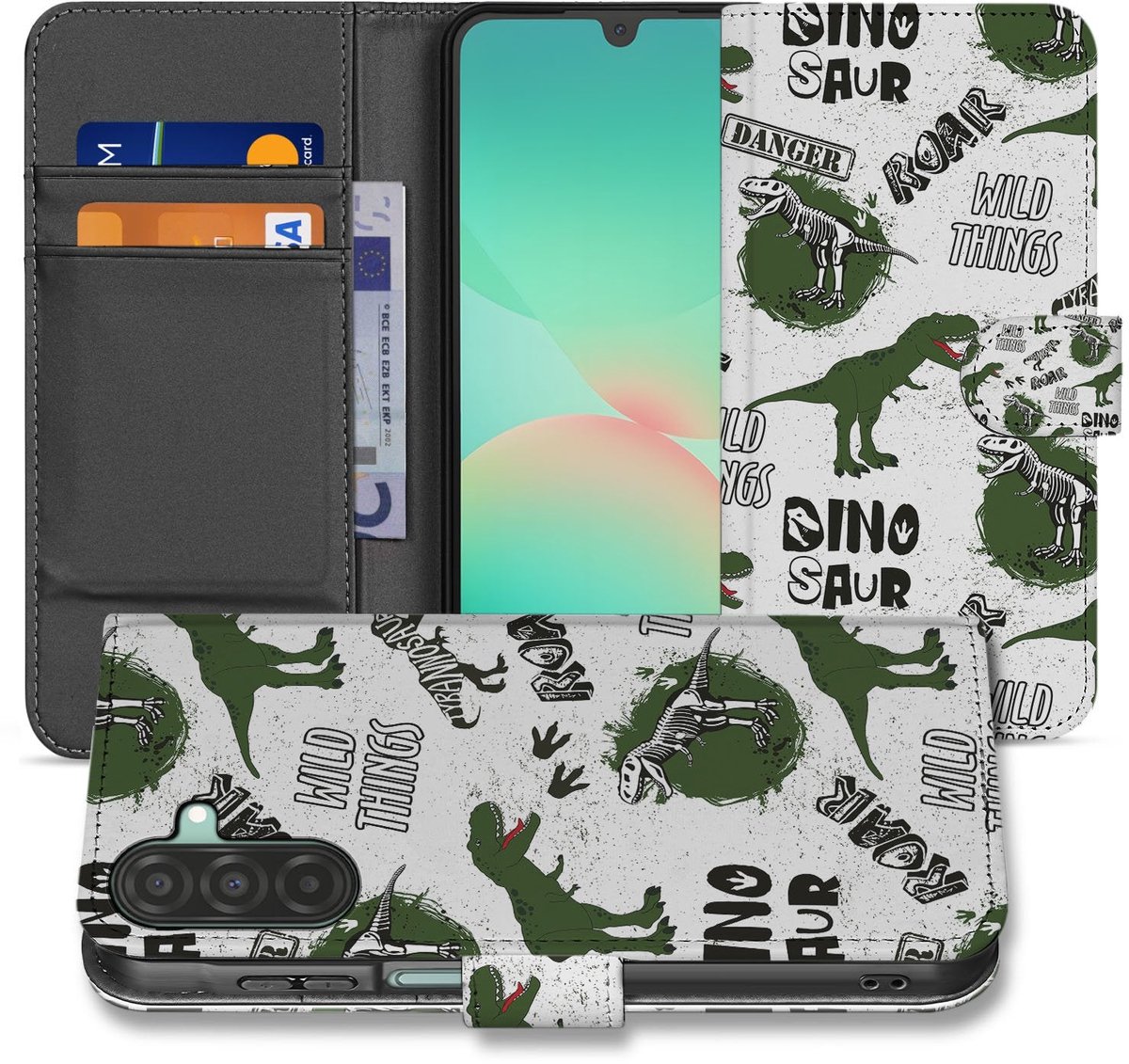 Samsung Galaxy A17 Portemonnee Hoesje Met Pasjes Dino Print PU Leer