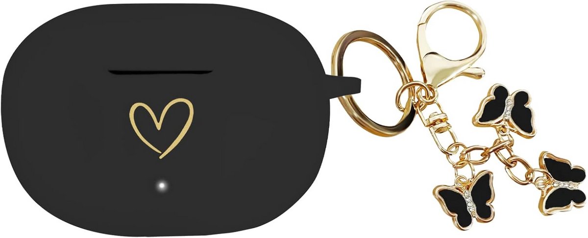 Zwarte Siliconen Hoes met Gouden Hart & Vlinder Sleutelhanger voor Oplader Hoofdtelefoon