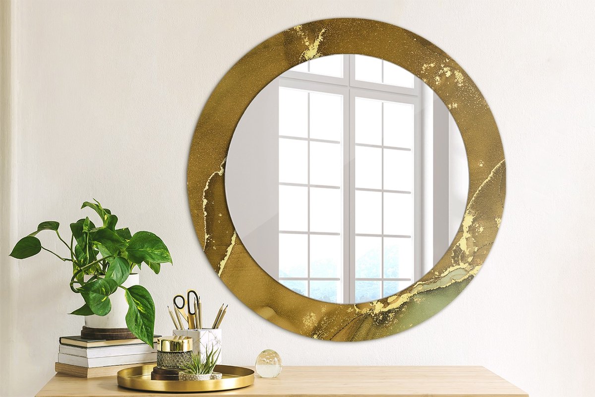 Coloray Bedrukte Spiegel - Metalen wervelingen Wandspiegel Decoratieve Print - 60 cm - Gouden Bedrukte Spiegel - Wandspiegel Decoratieve Print - Bedrukte Spiegel - Spiegel Met Bedrukte Lijst Gouden Metalen wervelingen