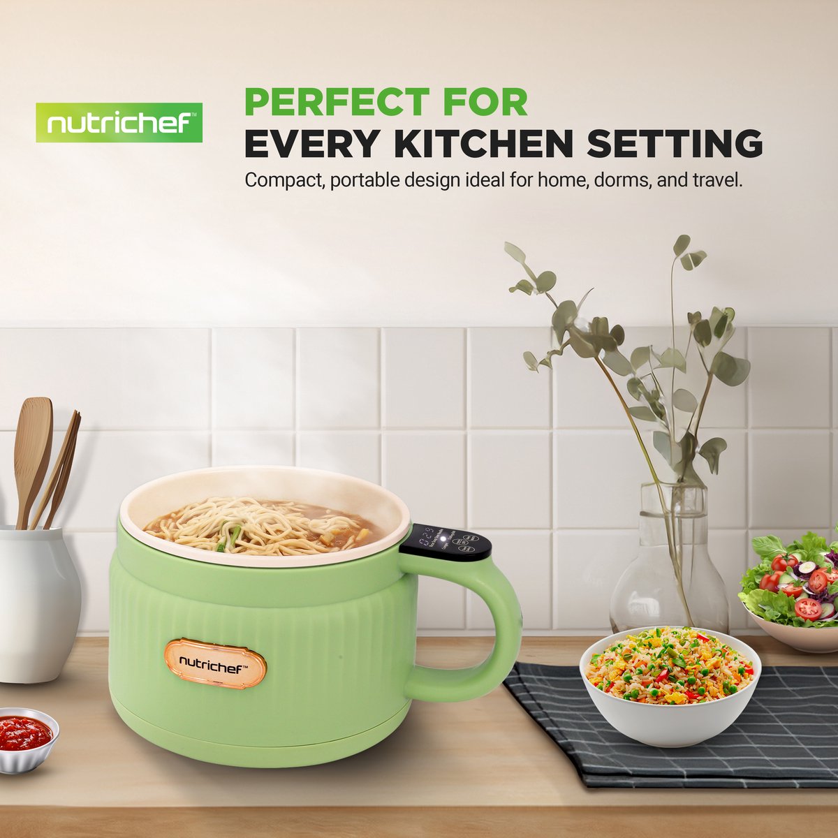 NutriChef Rijstkoker - 1,6L Draagbare Elektrische Multicooker- 6 Kookfuncties - Rijst, Soep, Stoofpot, Pap & Meer - Groen – foto 2