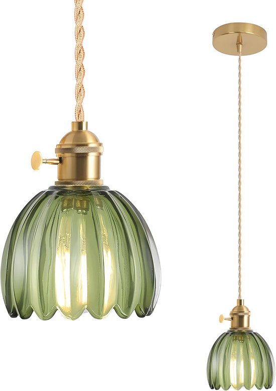 Vintage Glazen Hanglamp met Snoer - Messing Fitting - Verstelbaar