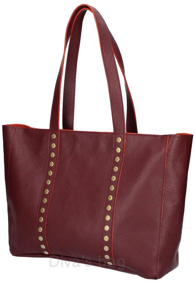 Maxi leren tas met messing studs - brede schouderband - shopper - kleur BORDEAUX