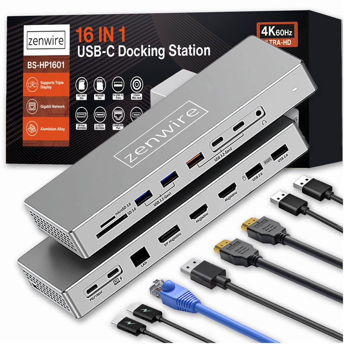 Zenwire® BS-HD1601 – USB-C Docking Station 16-in-1 – 2× HDMI 4K 60Hz – DisplayPort 1.4 – USB 3.0 – SD/TF – Audio Jack – LAN – Voor Laptop/MacBook – Uitgebreide Multipoort Hub