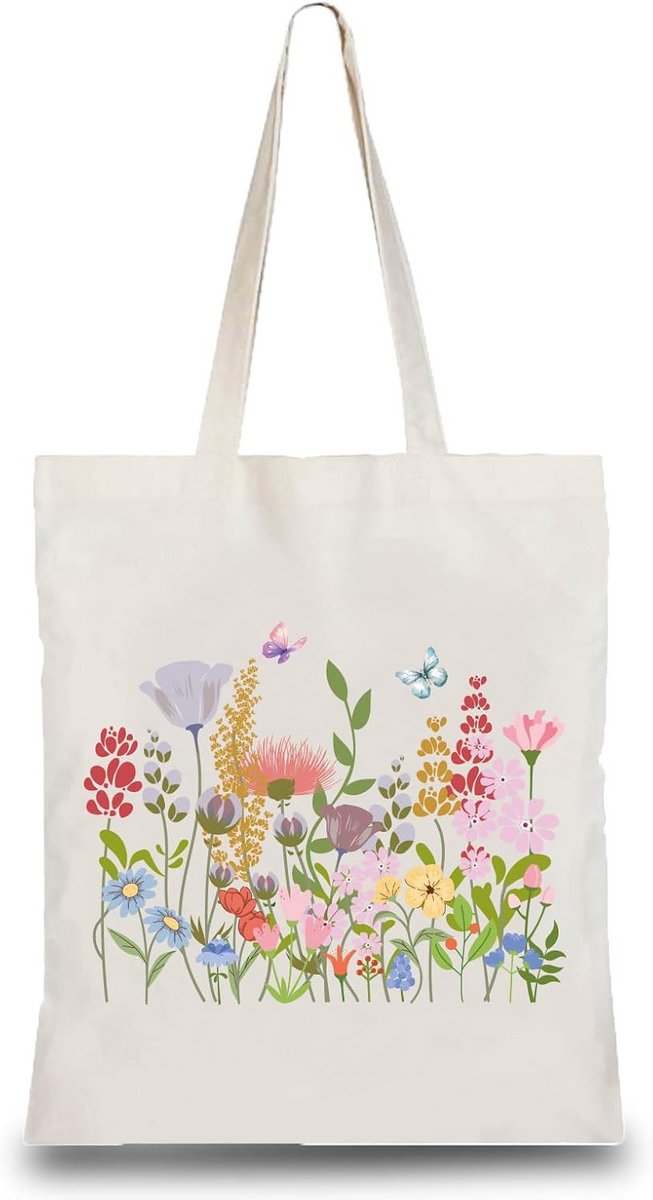 Katoenen Boodschappentas met Bloem en Vlinderprint - Herbruikbare Stijlvolle Draagtas