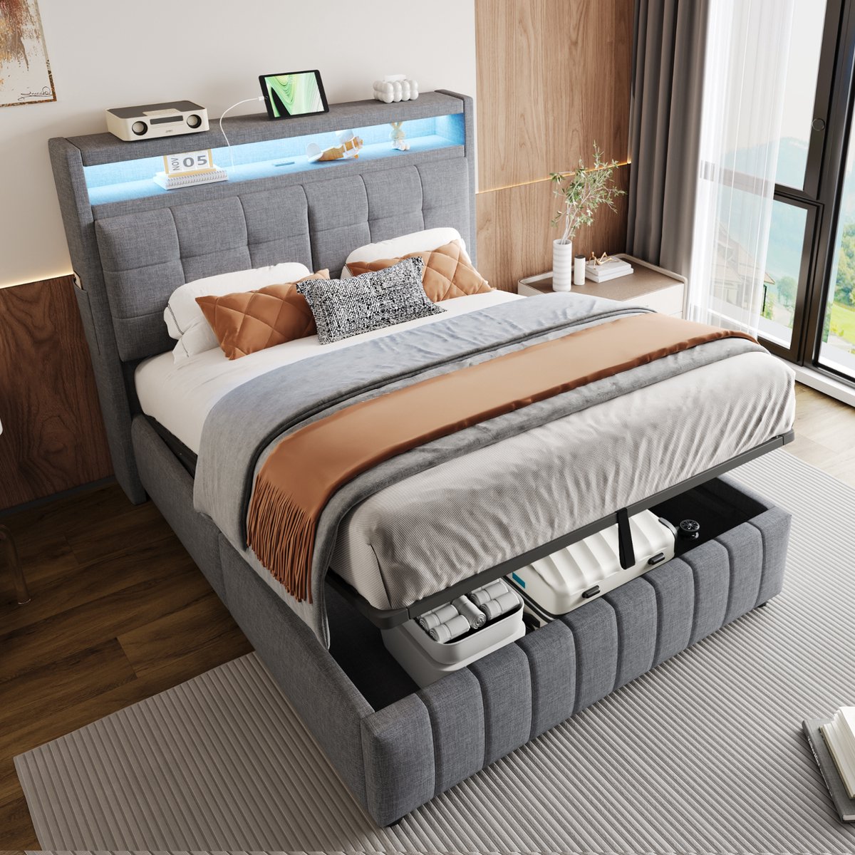 Wishdor Gestoffeerd bed – LED & USB – Opbergvakken hoofdbord – Hydraulisch – Linnen grijs – 140x200 cm