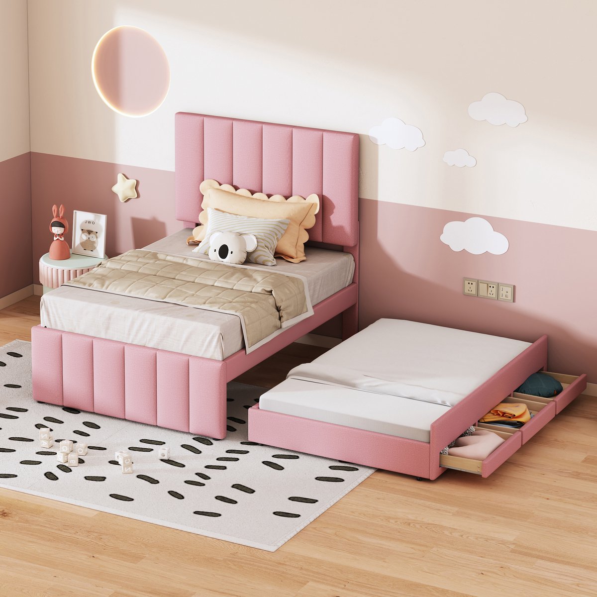Wishdor 2-in-1 bed 90x200 cm – Uitschuifbed & 3 lades – Verstelbaar hoofdbord – Roze katoen/linnen – Kindvriendelijk