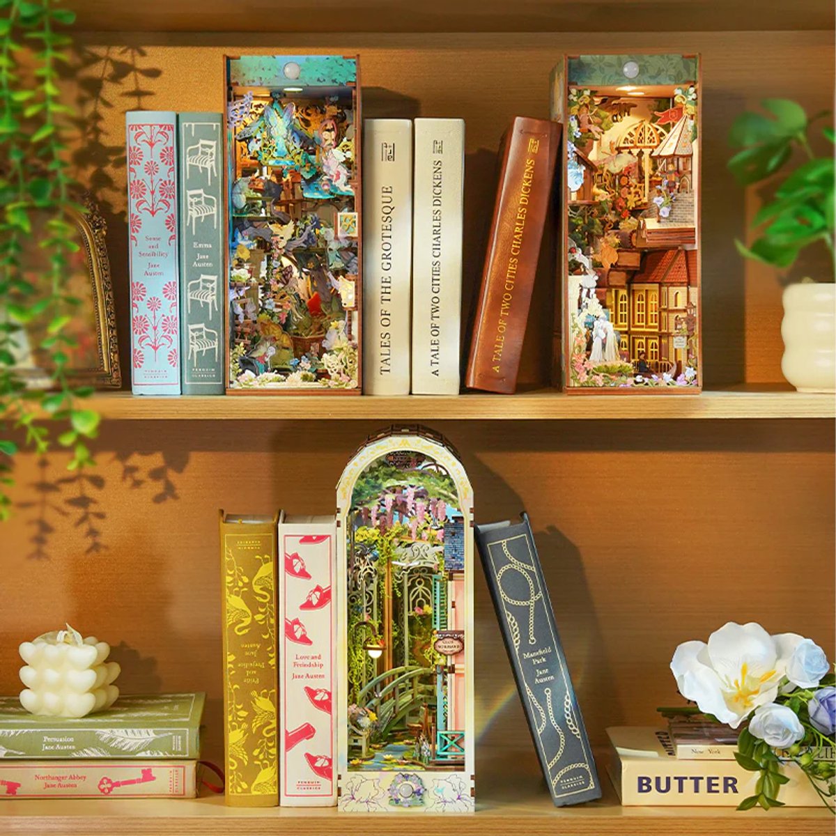 Tonecheer Giverny Garden Book Nook Bouwpakket - Modelbouw - 19 x 9,8 x 26,9 cm - Houten 3D Puzzel - Boekensteun - LED-licht - Bewegingssensor Licht - Boekenhouder — afbeelding 7