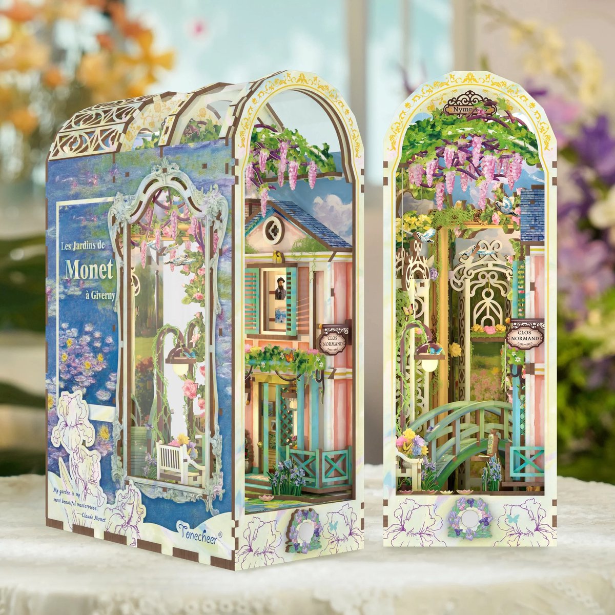 Tonecheer Giverny Garden Book Nook Bouwpakket - Modelbouw - 19 x 9,8 x 26,9 cm - Houten 3D Puzzel - Boekensteun - LED-licht - Bewegingssensor Licht - Boekenhouder — afbeelding 5