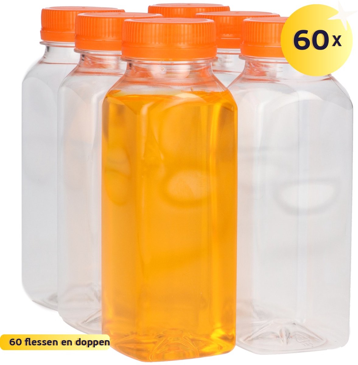 60 x Sapfles Plastic 125 ml - Vierkant - PET Flessen met Dop Oranje- PET Kunststof BPA-vrij - Plastic Flessen Navulbaar - Met Dop - Lege Flessen - 60 stuks