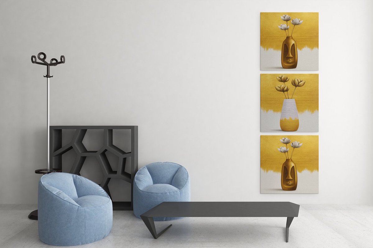 Drieluik Canvas Schilderij Modern Goud – Vaas en Bloem Collectie - 3x100x100 cm