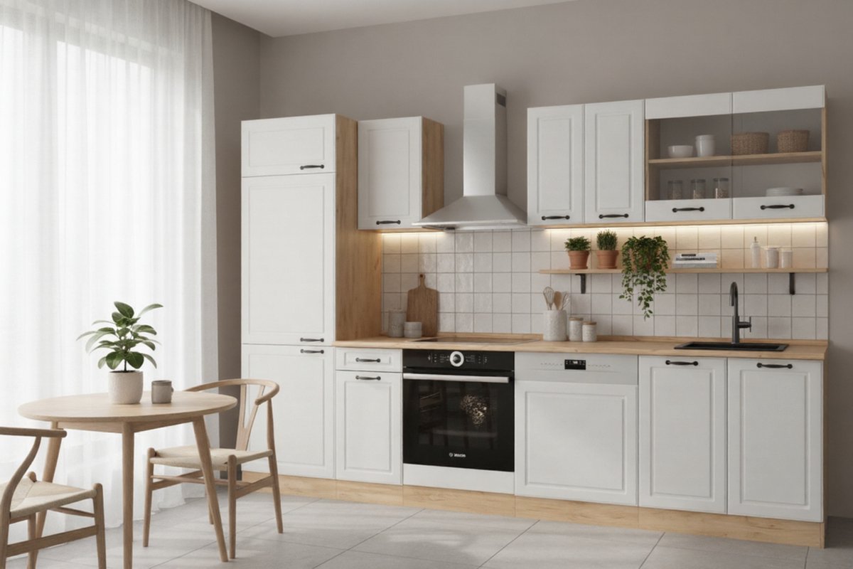 R-Line Keukenunit Keukenblok 300 cm wit landhuis met Goldkraft eiken werkblad, modern design, verstelbare poten, stofdicht, onderkasten 46 cm diep – Novihome