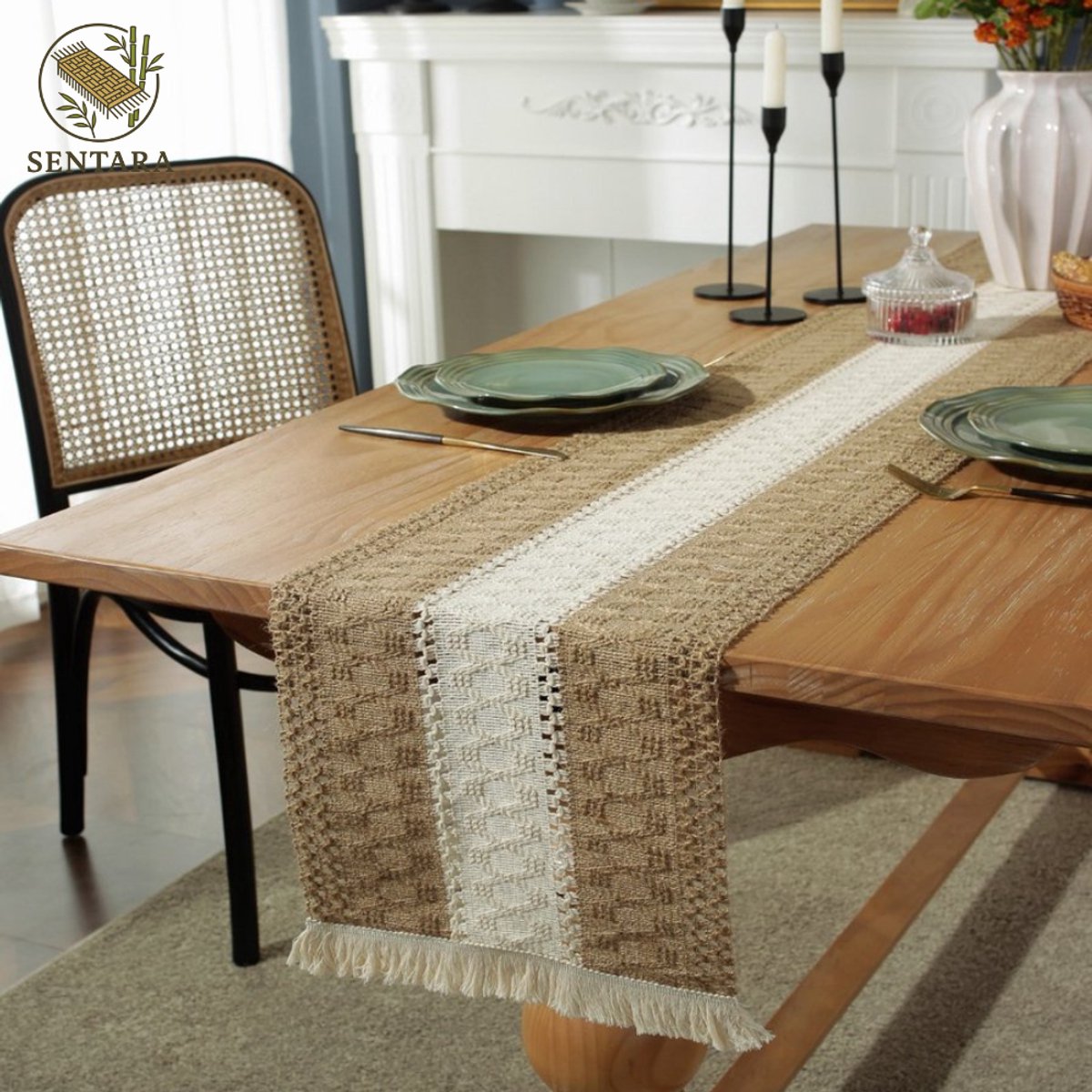 Boho Tafelloper, beige, linnen, afwasbaar, vintage, macramé