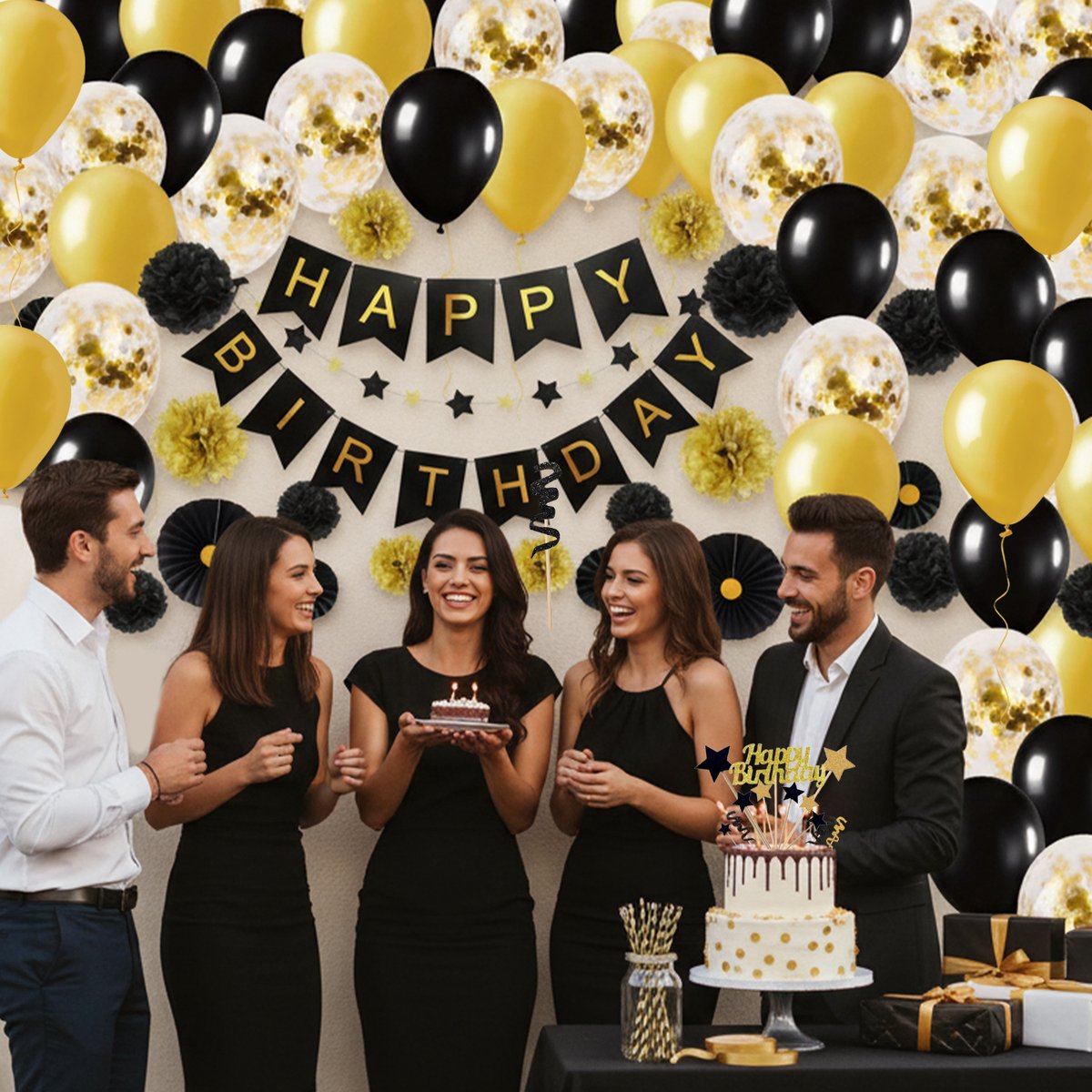 Vitamo™ Zwart & Goud Verjaardag Versiering - Feestversiering - Happy Birthday - Feestpakket - Ballonnen - Slinger - Verjaardagsfeest - Feestartikelen - Feestdecoratie Black & Gold XL — afbeelding 4