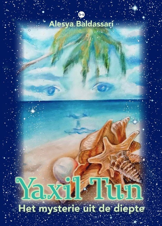 Boek "Yaxil Tun", Het mysterie uit de diepte. Een illustratie van een gezicht, de zee en een schelp met parel.
