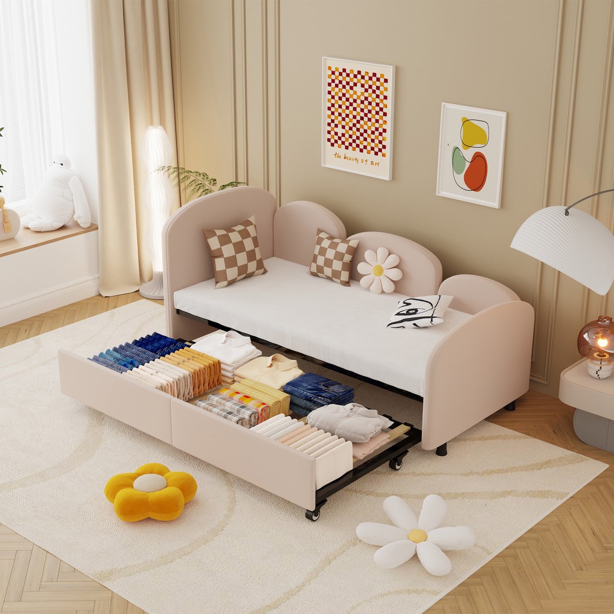 STILVORA Slaapbank 90x200 cm - Logeerbed Met Uitklapbaar Onderbed 90x190 cm - Gestoffeerd Bed - Fluweel - Roze