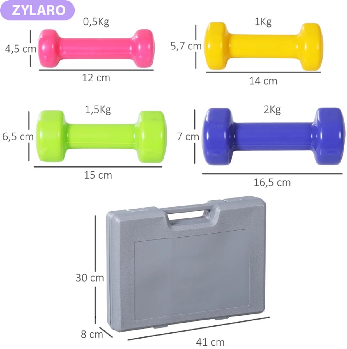 Halterset - 8-delige Set Halters met Koffer - Gewichten - Dumbells set van 4 Paar Halters - Gewichten Fitness - 2 x 0,5 kg, 2 x 1 kg, 2 x 1,5 kg, 2 x 2 kg - Halter set voor Krachttraining, Workout, Gym thumbnail 6