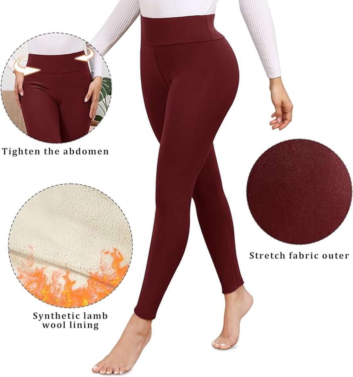 Thermische leggings voor dames, gevoerd, dikke thermische legging, wollige hoge taille, ondoorzichtig, sportlegging voor de winter, warme fleece legging , rode wijn , maat M