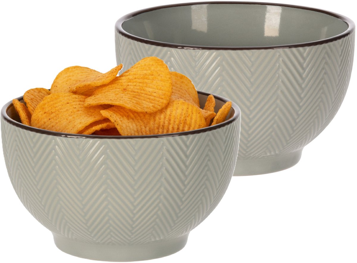 Siaki Serveer/chips schaaltje Fishbone - 2x - lichtgrijs - 14 x 8 cm - keramiek - kommetjes - 680 ml