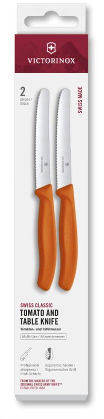 Victorinox Swiss Classic tomaten- en tafelmessen, 2 stuks, met oranje gekarteld lemmet en ergonomisch handvat.