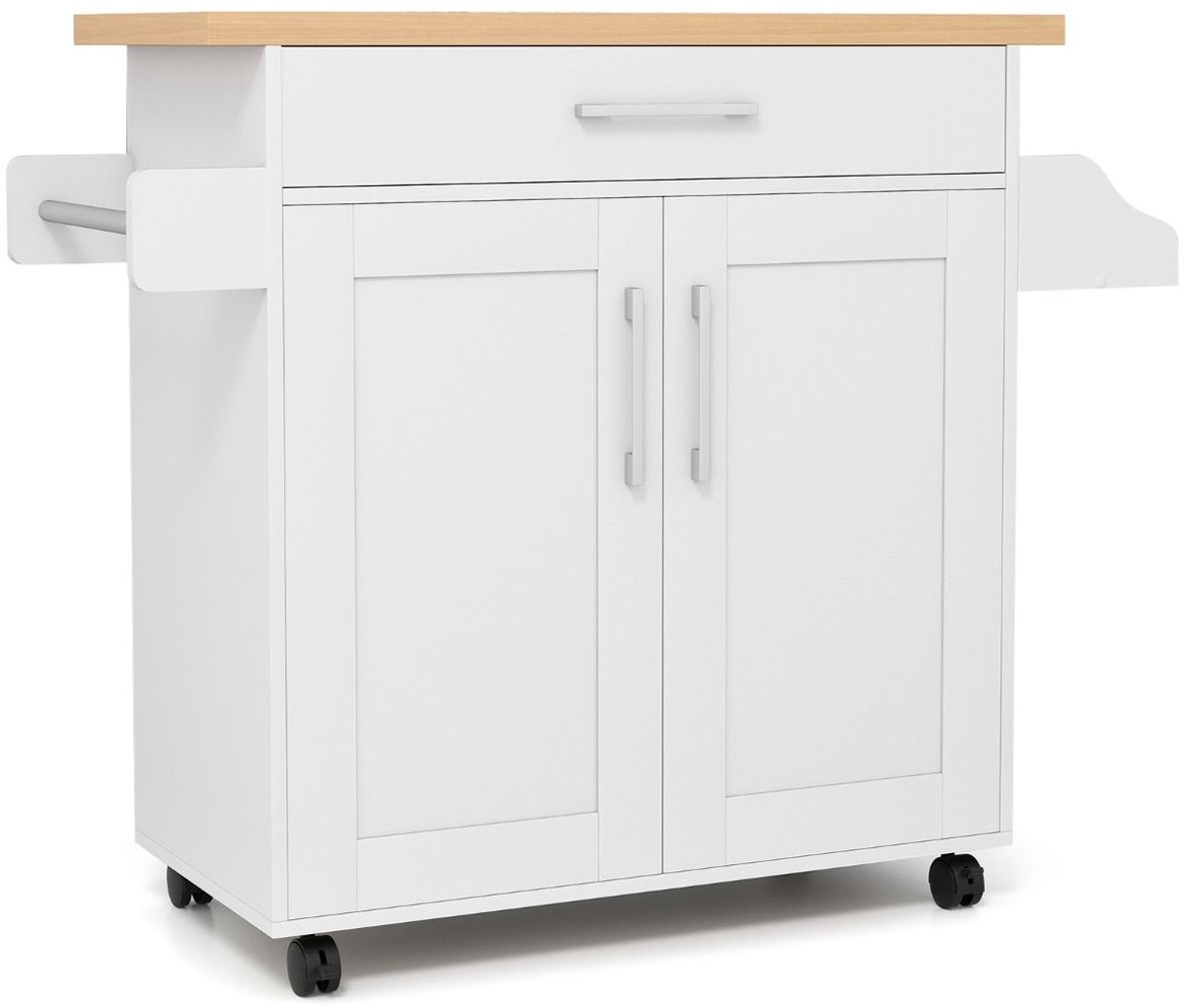 Keukeneiland - Verplaatsbaar - Keukenkast - Dressoir - Organizer - Kasten - Houten Werkblad - 2 Deuren - Naturel + Wit