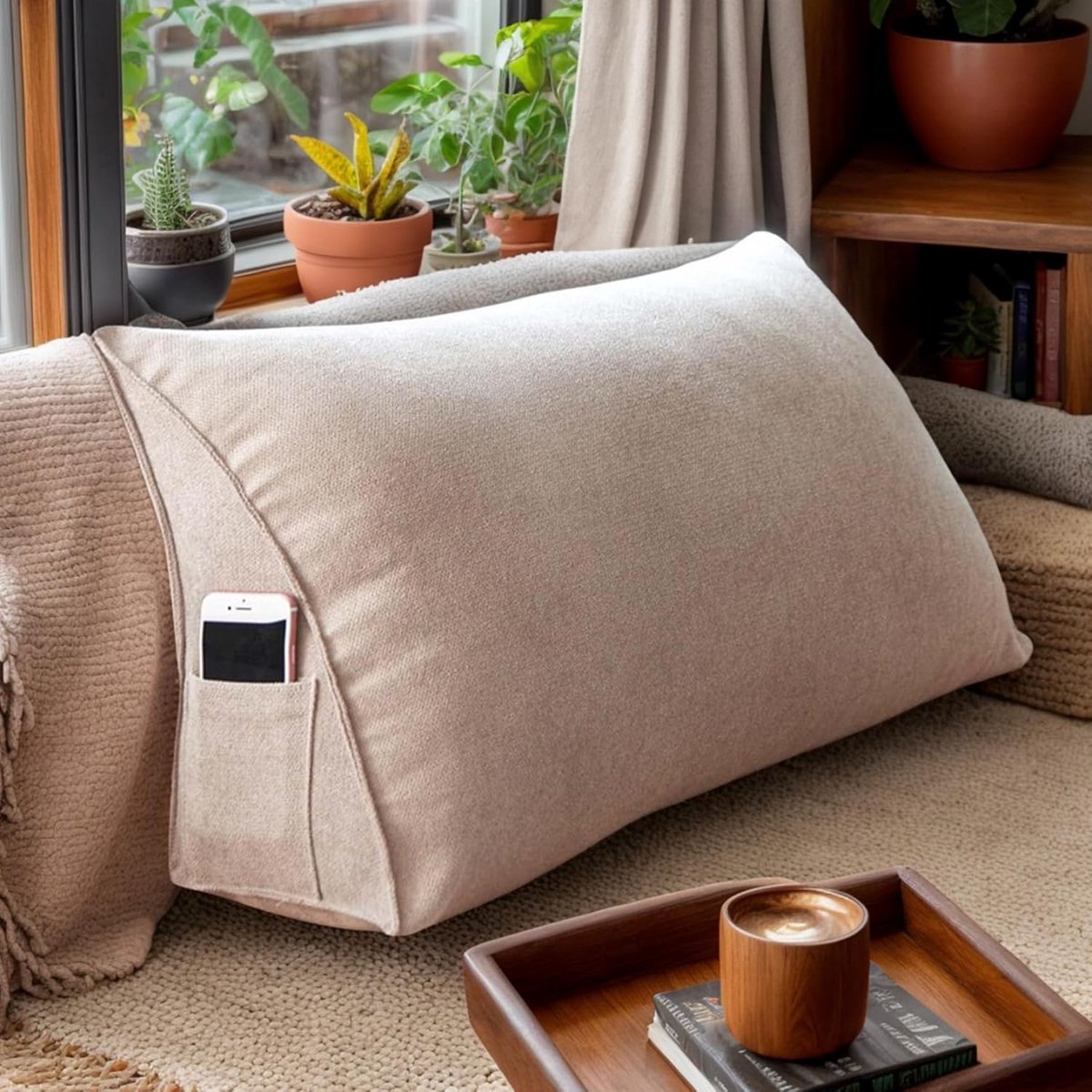 Driehoekig leeskussen 60x35x20 cm - zacht pluche - comfortabele rugsteun voor lezen en tv-kijken - met opbergvak - afneembare hoes