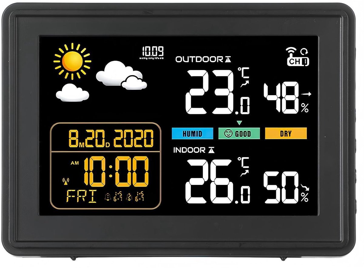 Digitaal Weerstation- Binnen/Buiten Thermometer met Kleur Achtergrondverlichting-Vochtigheidsmonitor-Weersvoorspelling - Zwart