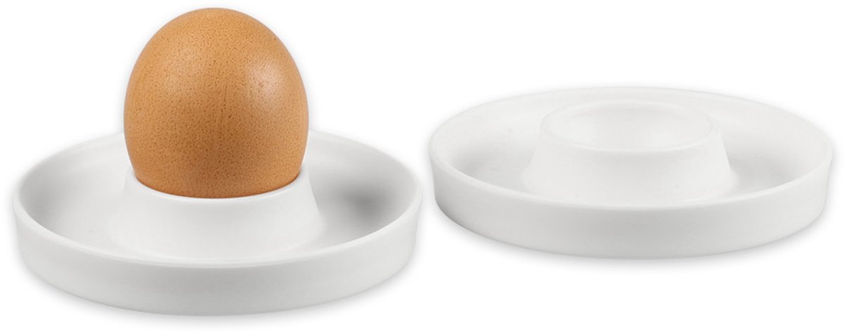 Melamine eierdopjes - set van 4 - 10 x 2 cm - wit - met schillen opvangbakje - ontbijt
