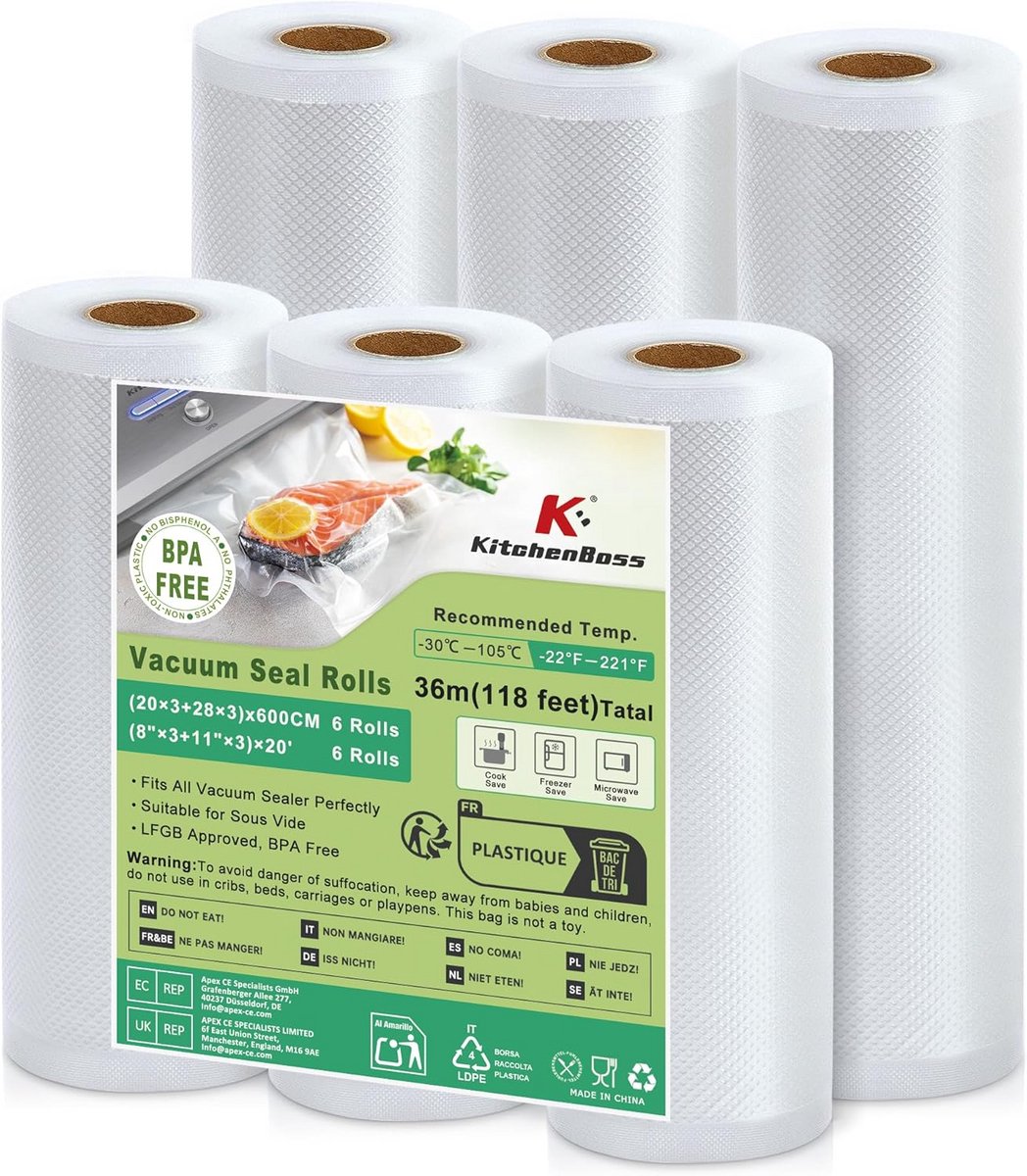Vacumeerrollen Set voor Voedsel bewaren & Sous Vide - 6 Rollen (28cm & 20cm breed)