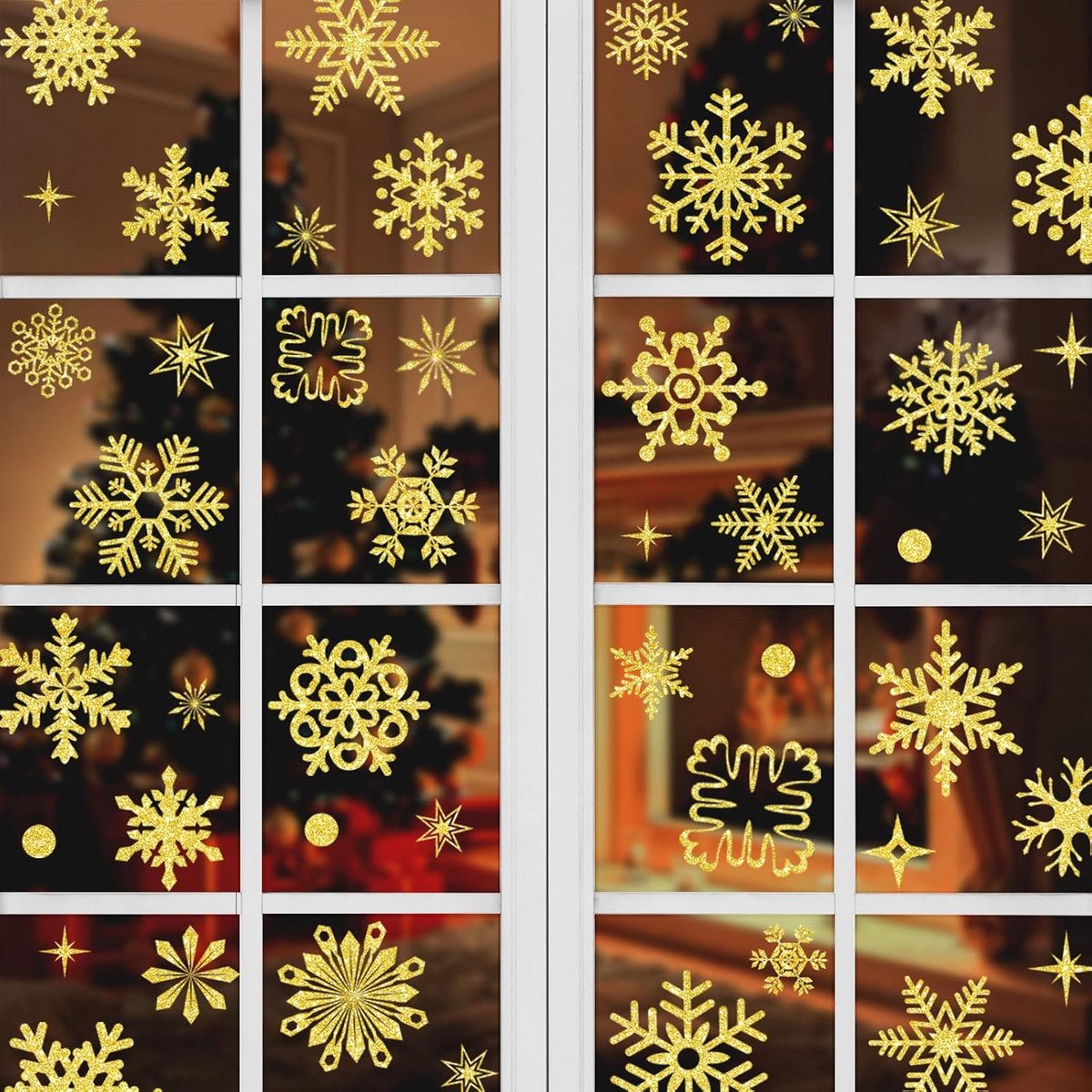 93x Gouden Glitter Kerst Sneeuwvlokken Raamstickers - Herbruikbare Vensterdecoratie