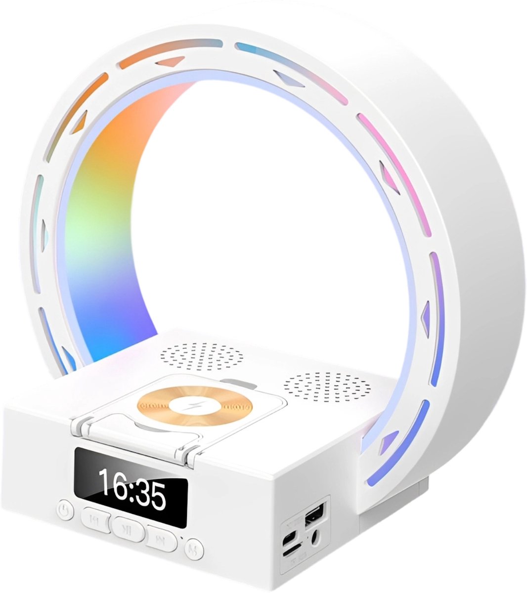 longziming -Bluetooth Speaker – Digitale Klok Slaapkamer – Bluetooth Speaker met Draadloos Opladen 15W – Bluetooth 5.3 – 3D Geluid – LED Sfeerverlichting met Digitale Klok en Telefoonhouder – Multifunctionele Bureau Speaker – wit