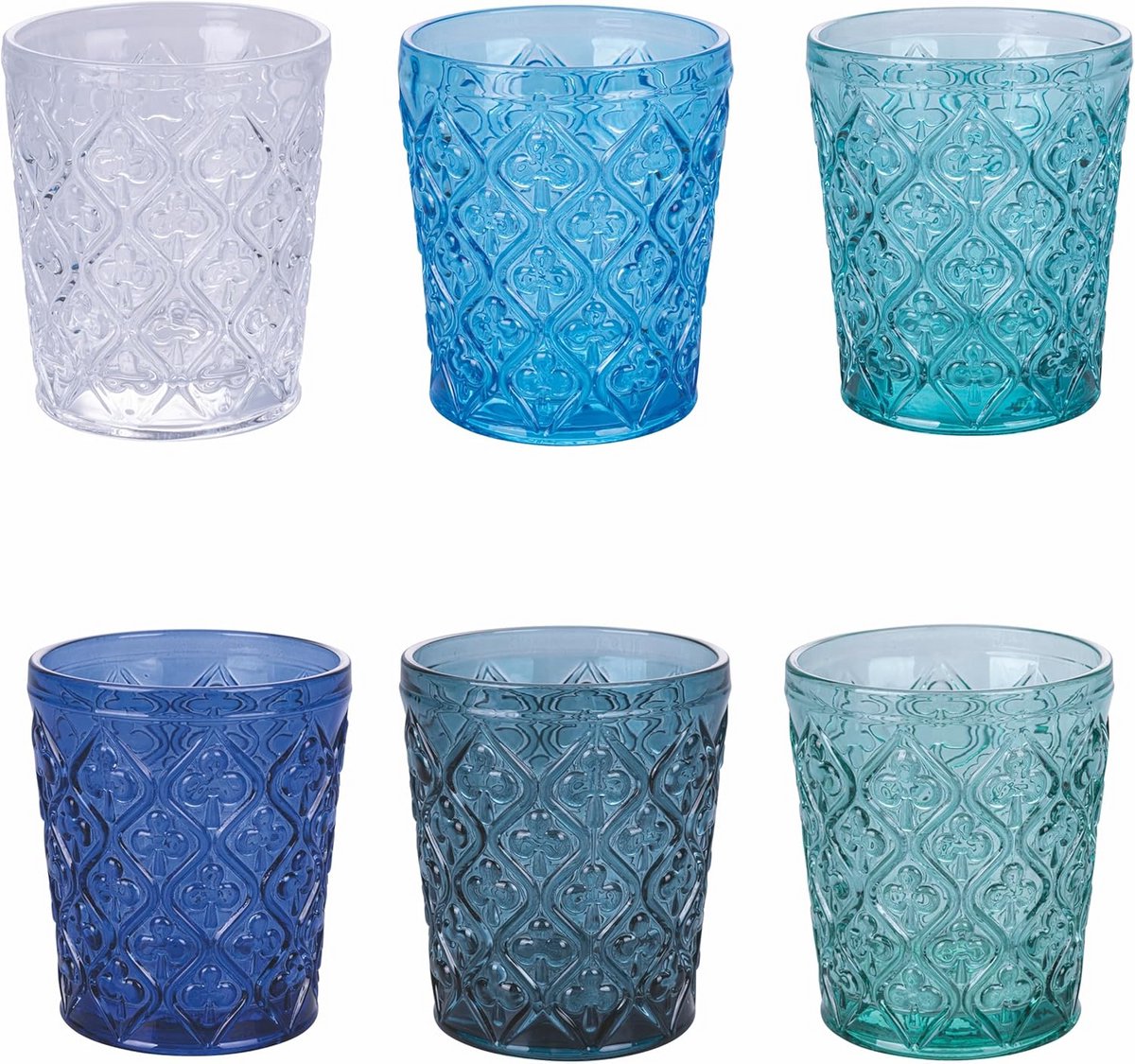 Set van 6 Waterglazen 325ml Glas Met Gestructureerd Oppervlak - Oceaankleurig