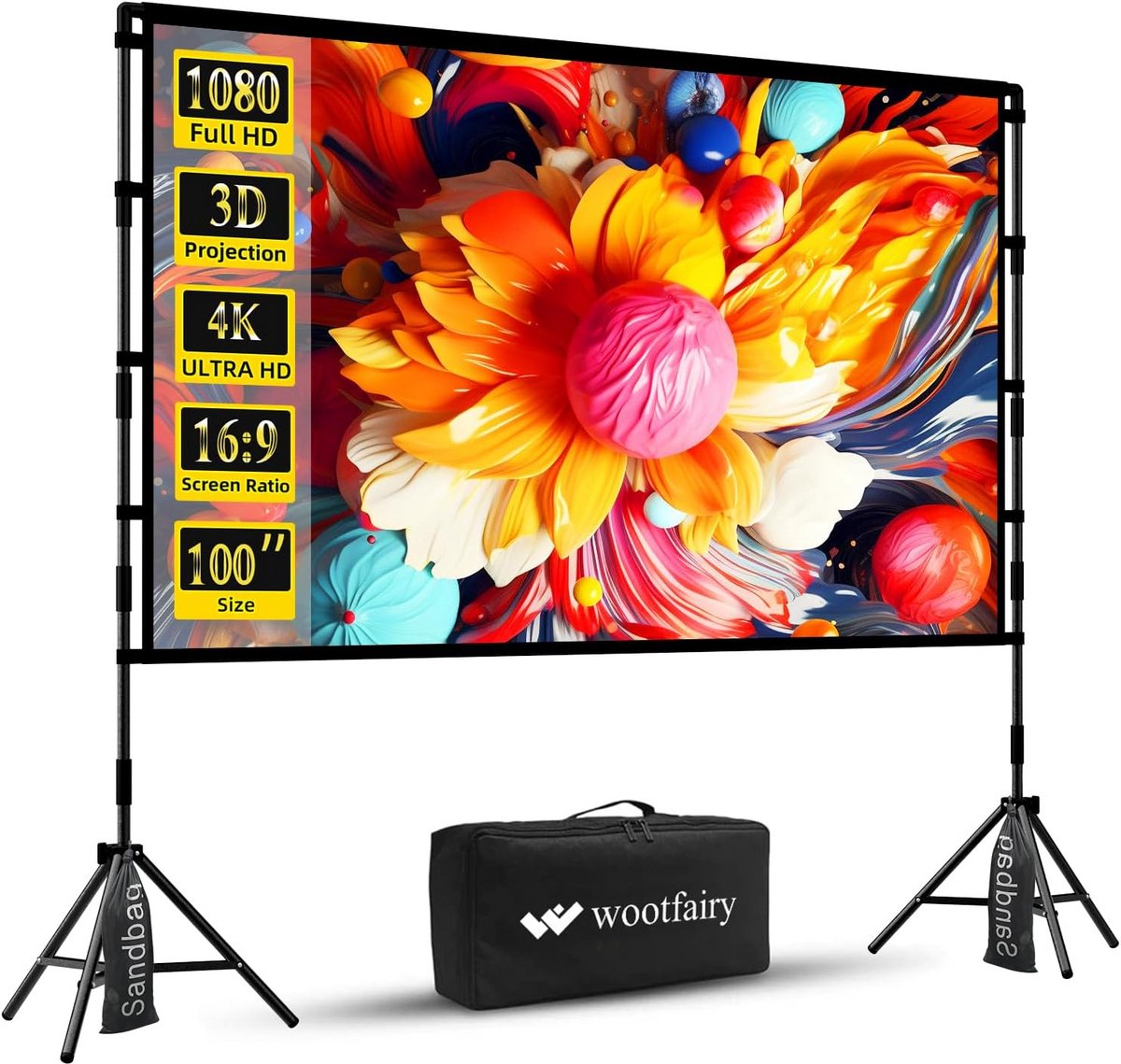 Projectiescherm met Standaard 100 Inch Opvouwbaar 16:9 Draagbaar Filmdoek voor Binnen en Buiten
