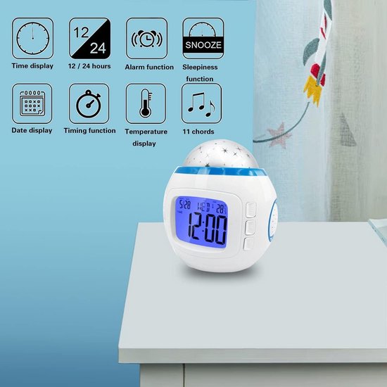 Digitale Kinderwekker met Sterrenprojector en Nachtlampje - Muziek en Sluimerfunctie — afbeelding 2