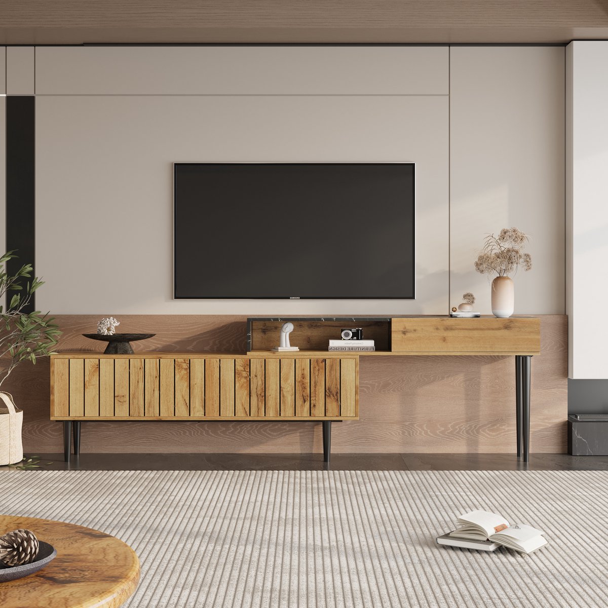 MODFU TV-meubel van MDF in naturel houtkleur met PVC-afwerking, marmer- en houtnerf, met opbergruimte en metalen poten